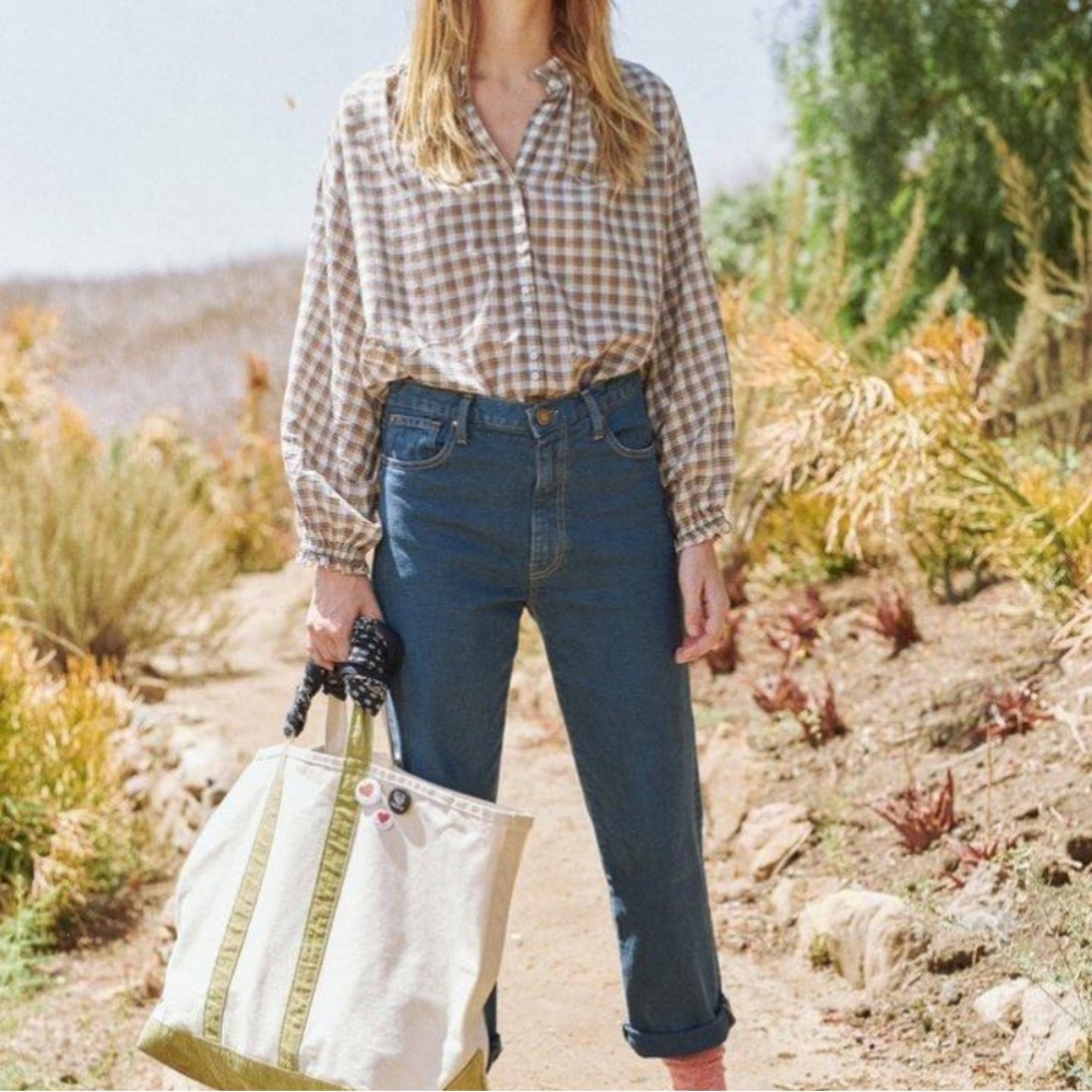 THE GREAT. The Ruffled Melody Top in Meadow Plaid size 0.